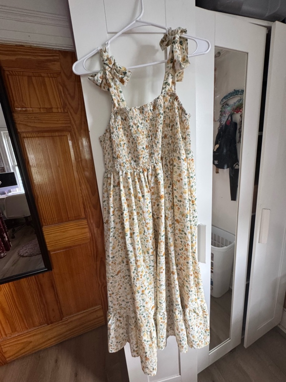 SHEIN Cream Floral Midi Dress with Yellow & Green Print